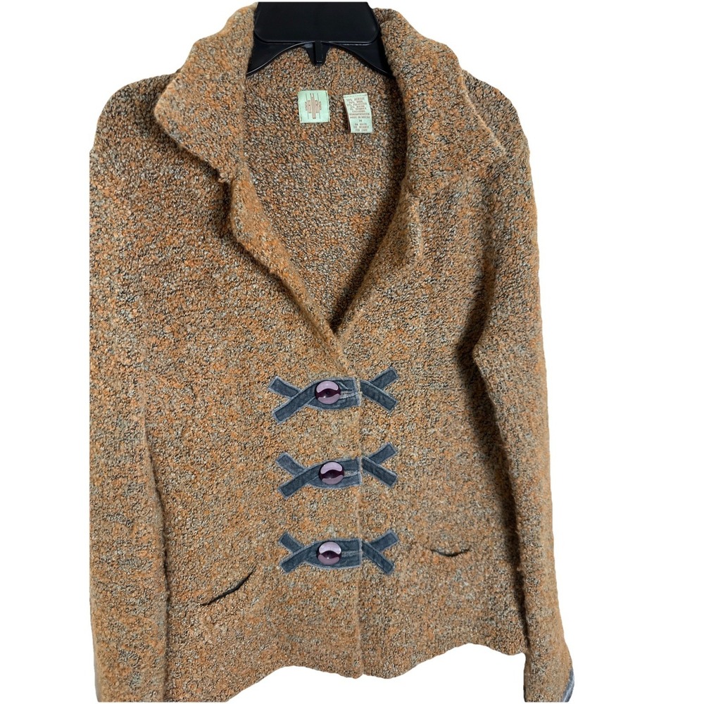 HWR Anthropologie Brown Orange Wool Boucle Blazer Sweater Blue Velvet Trim Sz M - Picture 3 of 7